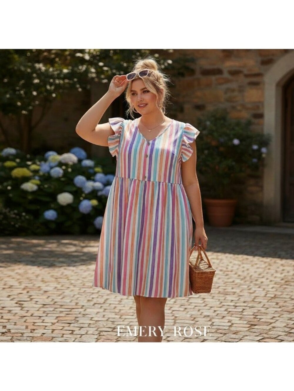 Emery Rose Striped Multi-Color Ruffle Sleeve V-Neck Button Front Swing Dress 3XL